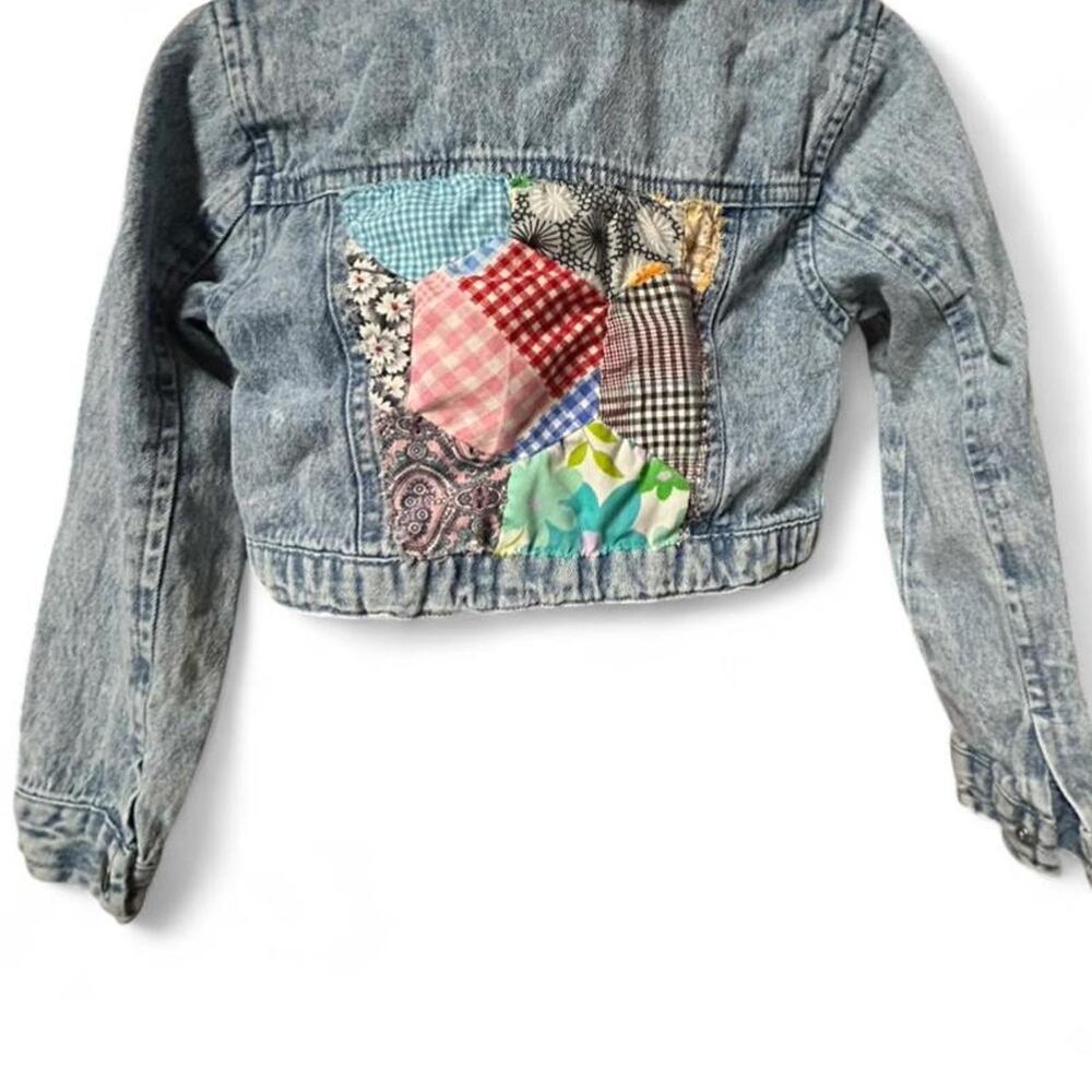 4T Little Lass cropped denim jacket with embroidered flowers hexagon quilt patch